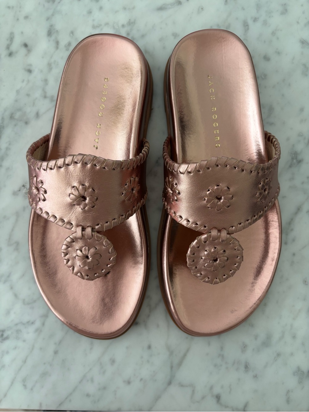 Jack Rogers “Comfort Jacks” Rose Gold Metallic Slide Sandals